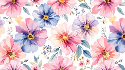 Colorful watercolor flowers seamless pattern on white background, Seamless pattern of a Colorful peach rose flower with watercolor