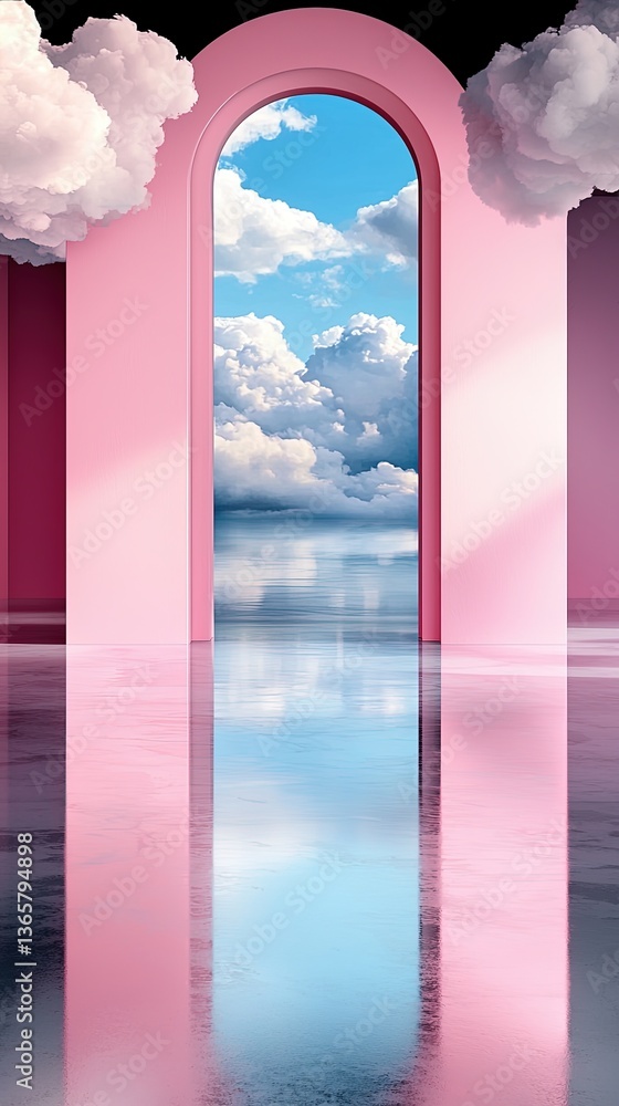 Poster dreamy interface illustration with soft clouds and reflection in a serene pink archway exploring tra