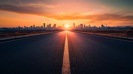 Fototapeta premium A high-angle view of an empty asphalt road leading to a stunning city skyline, bathed in the warm hues of a sunset