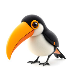 Toucan – 3D baby toucan, small soft feathers, tiny curved beak, bright big eyes, pastel black and orange tones, white background Generative AI