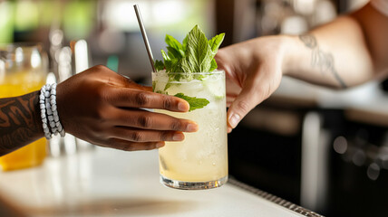 Two Diverse Hands Holding a Glass with Mint Garnish, Symbolizing Connection and the Enjoyment of a Refreshing Beverage

