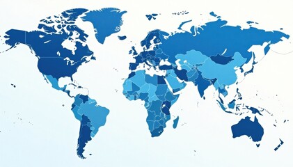 Naklejka premium Modern world map design in blue and white colors, highlighting major countries and capitals, capital cities, vector graphics, country flags