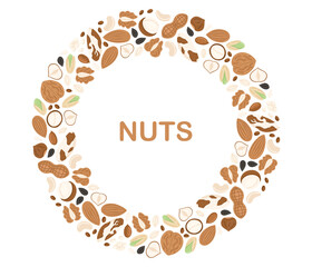 Nuts and seeds circle frame. Walnut, almond, hazelnut, peanuts dry, pistachio, macadamia and sunflower seed. Round vegan food border. Flat Vector illustration isolated on white background