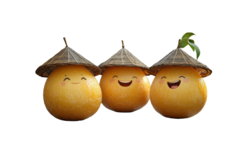 Three Happy Loquats Wearing Conical Hats