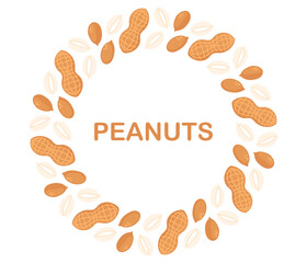 Nuts circle frame. Round peanuts border. Peanut butter ingredient. Flat Vector illustration isolated on white background