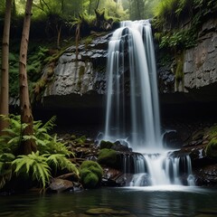 Obraz premium A tall, majestic waterfall in a forest, captured in vertical composition.