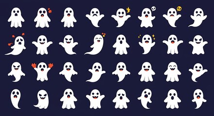 Cute Ghost Seamless Pattern with Different Expressions for Halloween