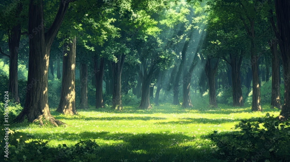 Poster sunbeams illuminate a lush green forest with tall trees and a grassy clearing.