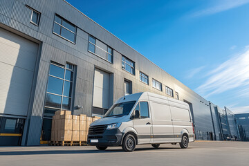 White van parked outside brick building with glass windows, clear sky in background.