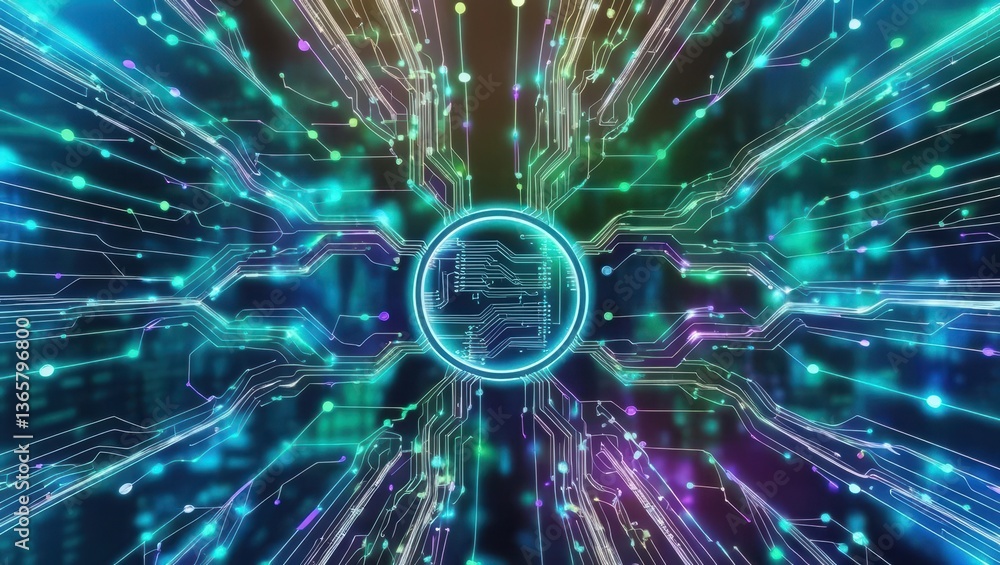 Poster glowing blockchain transaction lines visualizing smart contract automation in crypto finance sphere
