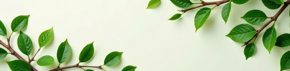 Fototapeta premium Dark green leaves and twigs on a light-colored surface, brown, spring, nature