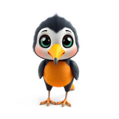 Obraz premium Toucan – 3D baby toucan, small soft feathers, tiny curved beak, bright big eyes, pastel black and orange tones, white background Generative AI