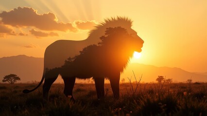Fototapeta premium Majestic Lion Silhouette Against Golden Sunrise in Scenic African Landscape