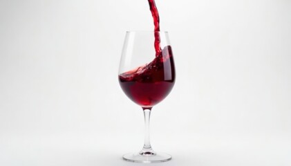 Deep red wine poured into a crystal glass against a white backdrop, smooth, product