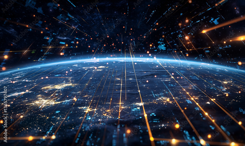 Poster a dynamic view of earth from space, showcasing a vibrant, illuminated atmosphere and grid-like struc