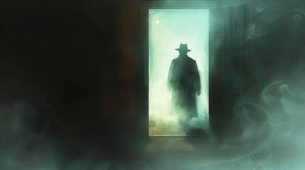 A detectives silhouette with a hat, standing in the doorway of a smoky room, bathed in light and shadow. 