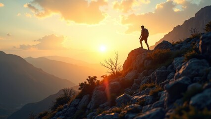 Silhouette of Hiker on Rocky Mountain Cliff at Sunset with Dramatic Sky and Landscape