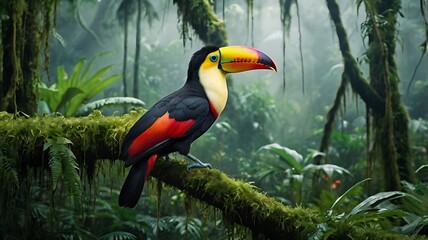 Obraz premium A toucan sitting on a mossy branch in a misty rainforest, its giant colorful beak vibrant against the deep green foliage, ultra-realistic lighting