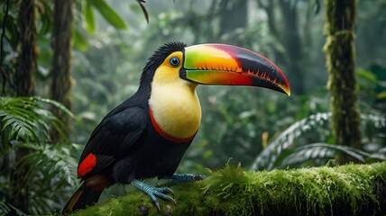 Fototapeta premium A toucan sitting on a mossy branch in a misty rainforest, its giant colorful beak vibrant against the deep green foliage, ultra-realistic lighting