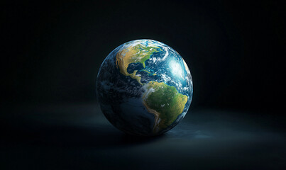 Fototapeta premium A stylized globe illuminated against a dark background, showcasing Earth's continents vividly.
