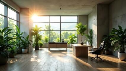 Sunlit Modern Office with Abundant Greenery and Scenic Nature View