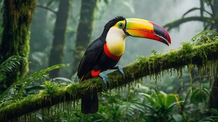 Fototapeta premium A toucan sitting on a mossy branch in a misty rainforest, its giant colorful beak vibrant against the deep green foliage, ultra-realistic lighting