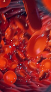 Diabetes is a metabolic disorder caused by high levels of blood sugar, vertical video. Glucose and insulin molecules in a blood vessel.	

