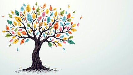 Naklejka premium Vibrant Artistic Tree Design with Colorful Leaves and Branches on Light Background