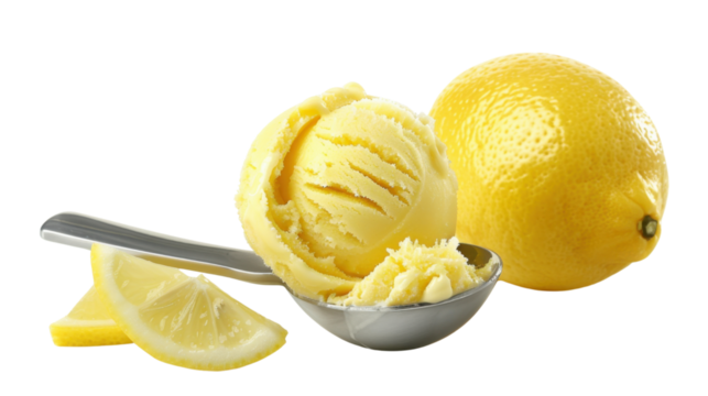 Lemon ice cream scoop with fresh lemons on transparent background