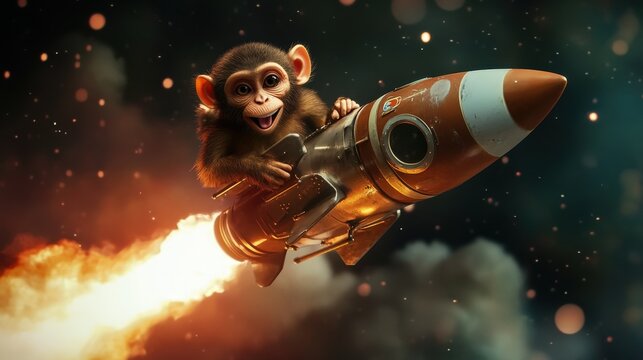 Cute monkey joyfully rides a colorful rocket through a cosmic adventure in outer space Generative AI