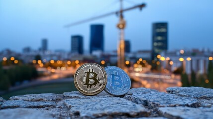 Bitcoin Cryptocurrency on City Skyline at Dusk