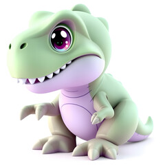 Fototapeta premium T-Rex – 3D baby T-Rex, tiny round teeth, short chubby arms, big shiny eyes, pastel green and purple tones, white backgrounds Generative AI