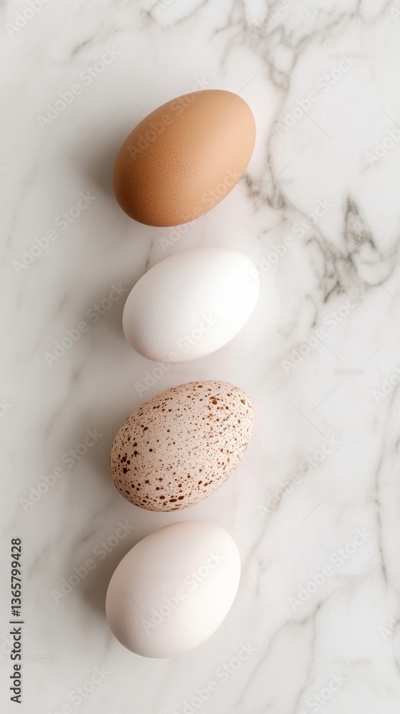 Poster various types of eggs arranged neatly on a marble surface highlighting their unique colors and textu