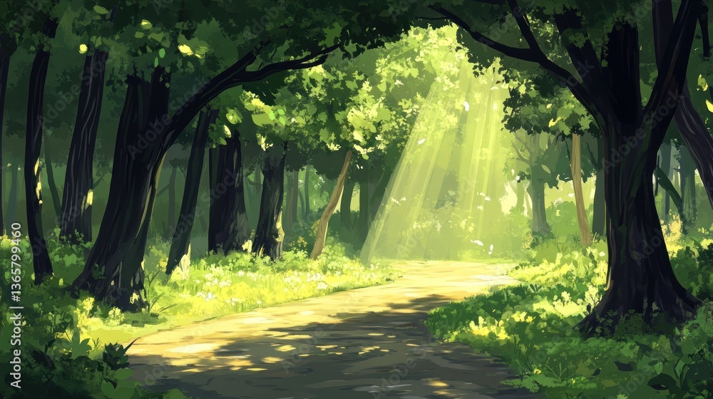 Poster sunbeams illuminate a path winding through a lush green forest with tall trees and wildflowers.