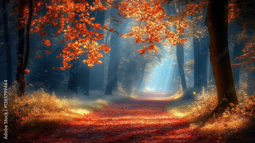 Poster sunbeams illuminate a path through an autumnal forest, leaves in vibrant orange and red hues, creati