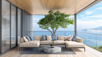 Naklejka premium A minimalist modern outdoor living area, featuring a white and wood color palette, with a serene sea view