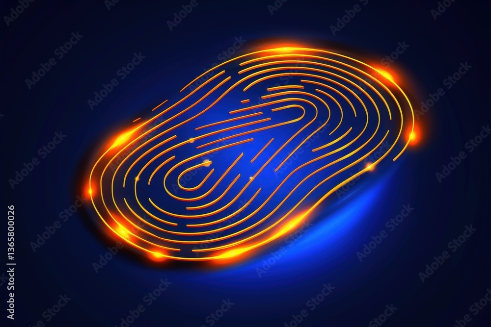 Poster a stylized fingerprint design illuminated with glowing lines against a dark blue background, symboli