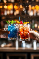 Couple clinking colorful cocktails at bar  -  