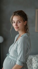 Fototapeta premium Expecting Mother in Soft Light, Embracing Pregnancy and Joy