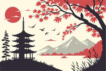 47 Japanese landscape, traditional pagodas, red maple trees, misty mountains, setting sun, watercolor style, ink wash painting, vibrant red and orange hues, silhouettes, tranquil lake, birds in flight