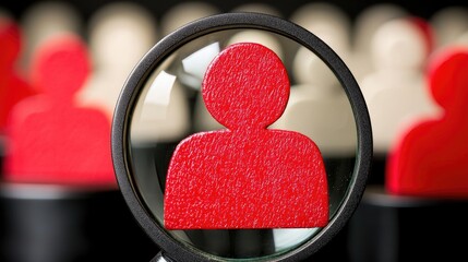 Employee review process shows red figure zoomed in by a magnifier in front of blurred personnel