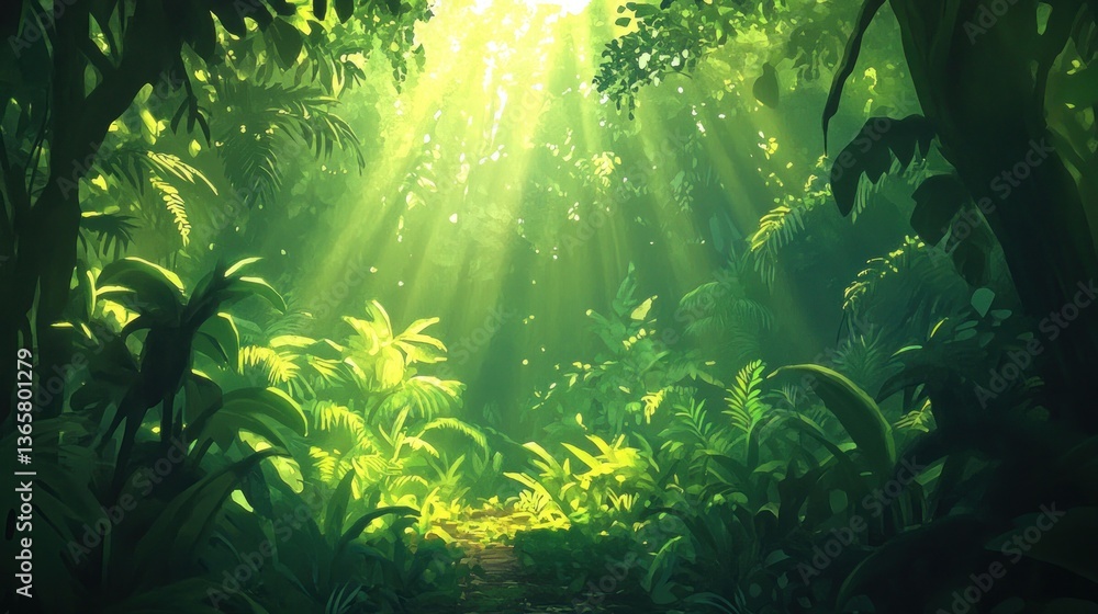 Poster Sunbeams illuminate lush green jungle foliage, creating a path through dense vegetation.