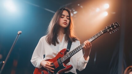 Obraz premium Musical Reverie: A young woman, fully immersed in her craft, strums a red electric guitar on stage. The photograph captures a serene moment.