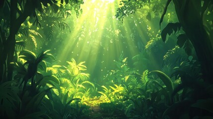 Fototapeta premium Sunbeams illuminate lush green jungle foliage, creating a path through dense vegetation.