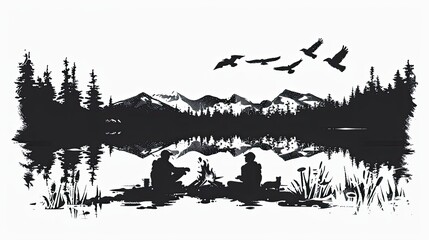 Fototapeta premium people sitting around a campfire with a lake and mountains 