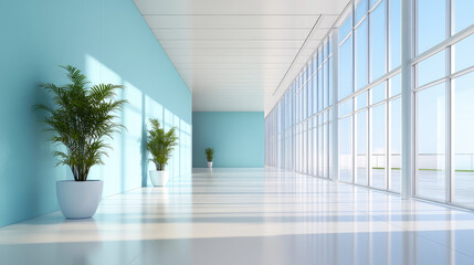 Fototapeta premium spacious, modern hallway with large windows, blue walls, and potted plants creates serene atmosphere. clean lines and natural light enhance minimalist design