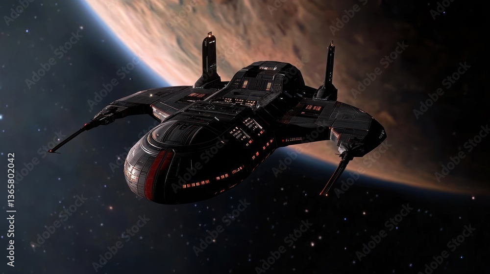 Poster futuristic spaceship navigating through the cosmos near a distant planet, showcasing advanced design