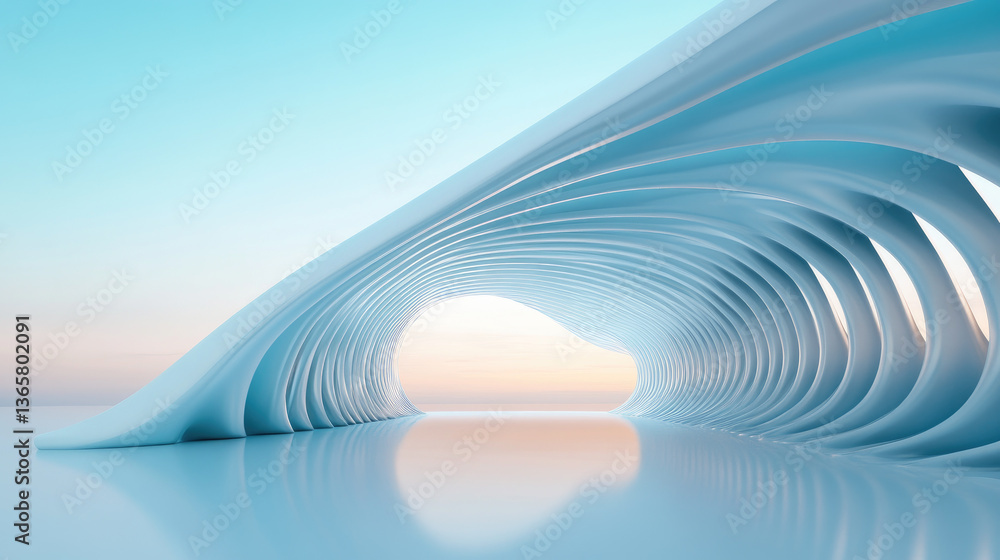 Aufkleber futuristic architectural structure with wave like design is set against serene sky, creating sense o