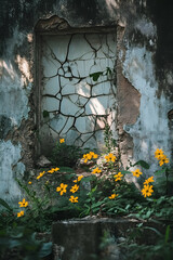 Cracked wall with yellow flowers growing around it  -  