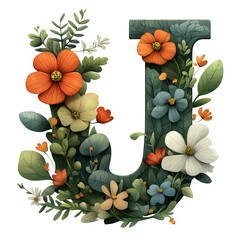 Illustration showcasing a decorative letter J adorned with an array of colorful, intricate flowers and lush leaves, emphasizing creativity, floral beauty, and artistic expression.